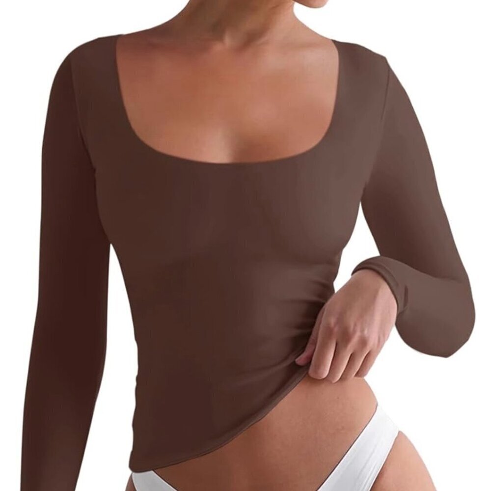 Long Sleeve Shirts for Women Square Neck Double Lined Womens Tops Slim Fit L/077